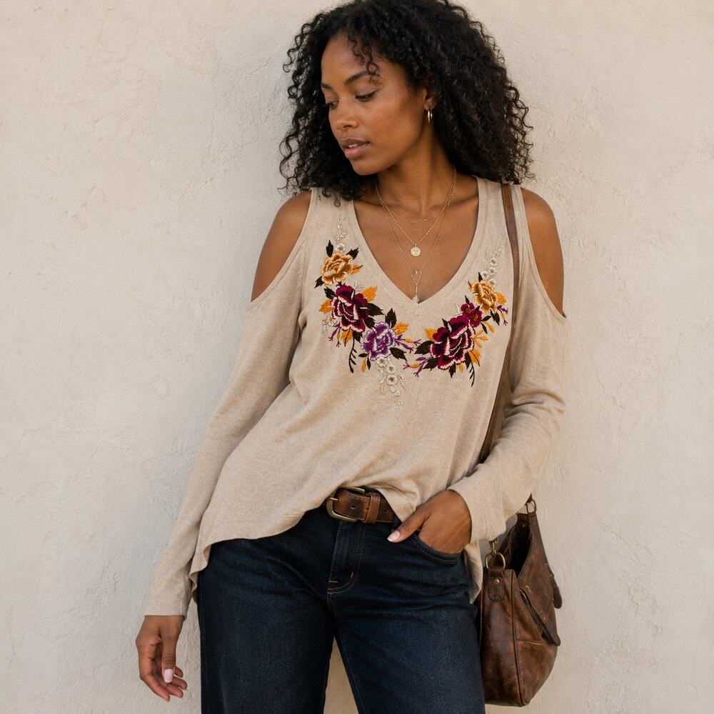 Johnny Was Beige Floral Embroidered Silk Cashmere Cold Shoulder Sweater M
